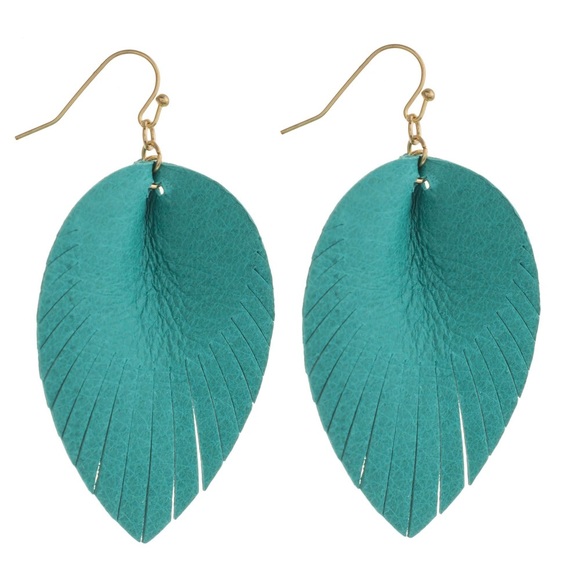 Jewelry - Gold Blue Teal Turquoise Dangle Feather Earrings